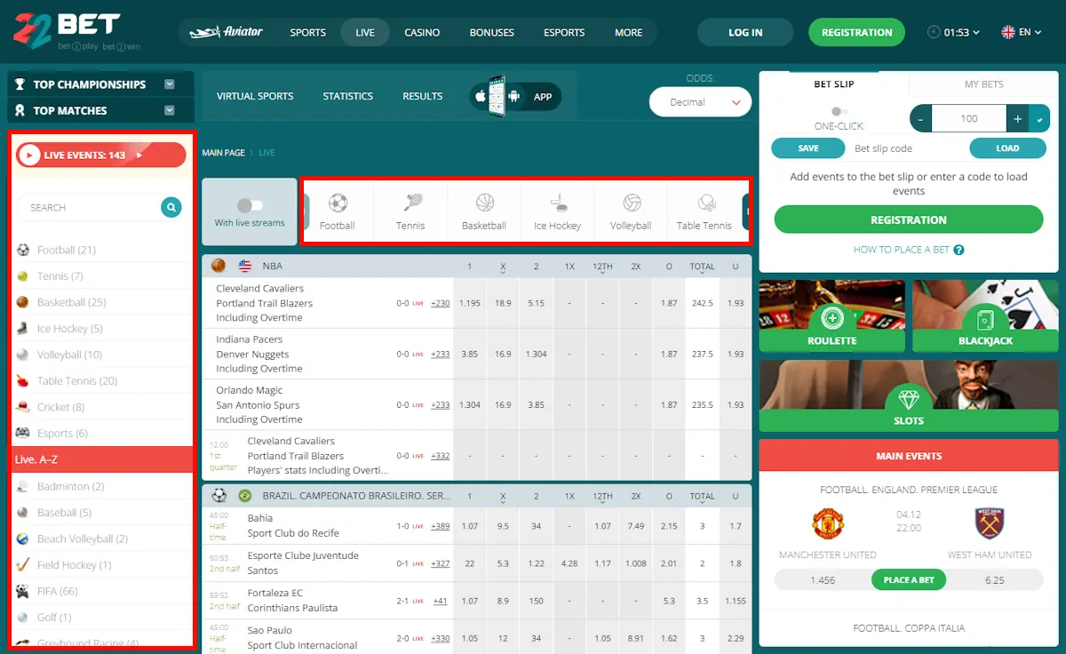 22Bet Kenya Live Betting Sport Events and Sports Screenshot